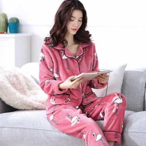 Lovely flannel pajamas womens warm and thick coral velvet long sleeve cardigan strawberry sleepwear comfortable women pajamas