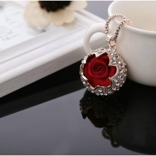 Fashion red flower pendant rose gold color crystal long necklace/new arrival women wedding accessories wholesale/collier femme