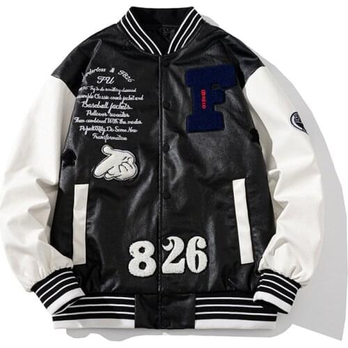 Mens Fashion Hi Street Leather Varsity Baseball Jacket With Embroidery Winter Thick Warm Oversized Hip Hop Coat Outerwear