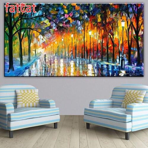 FATCAT Abstract Night street scenery rainy day diy Diamond Painting Full square round drill 5d Diamond Embroidery Mosaic AE1661