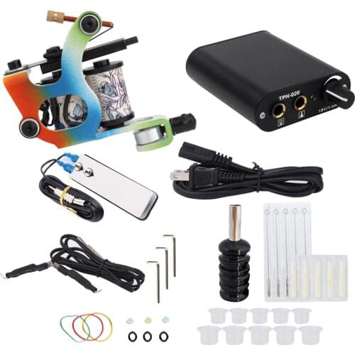 Beginner Tattoo Machine Kit Set 1 Coils Guns Black Pigment Sets Power Tattoo Grips Kits Permanent Makeup Tattoo Tools