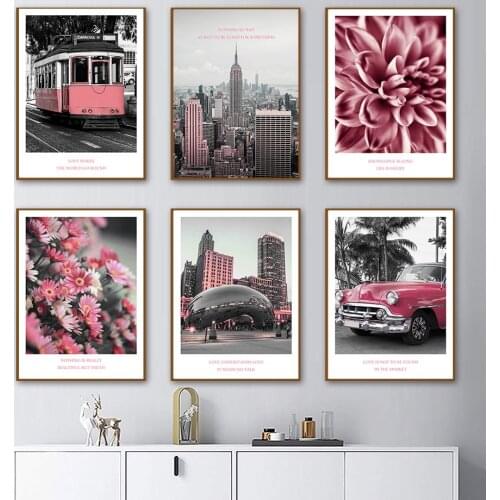 New York City Skyscraper Car Dahlia Daisy Nordic Posters And Prints Wall Art Canvas Painting Wall Picture For Living Room Decor