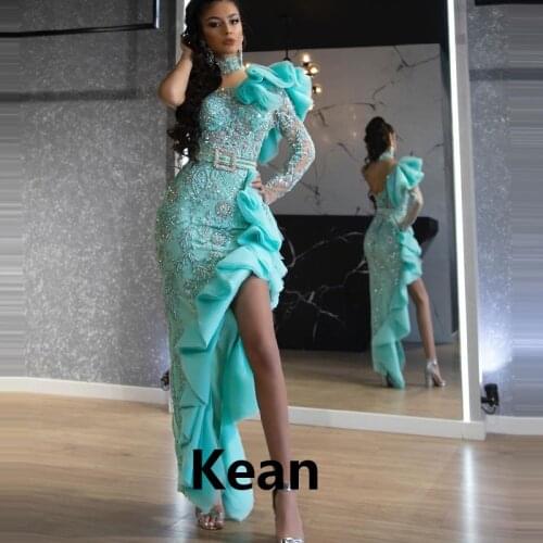 Sky Blue High Slit Evening Dress Applique One Sleeve Special Occasion robe soiree Islamic Dubai Kaftan Saudi Arabic Prom Gown