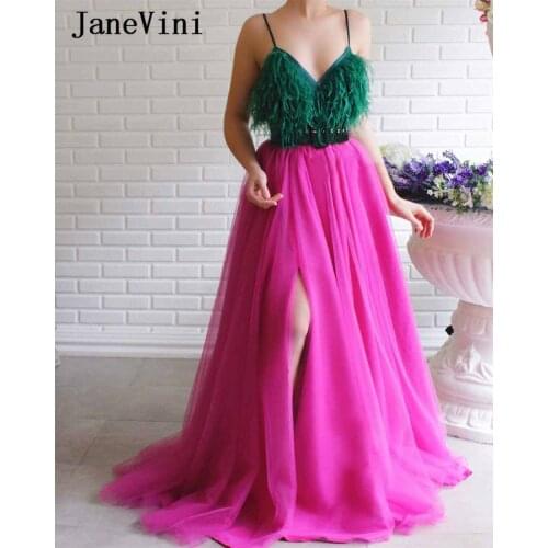 JaneVini Sexy V Neck Feathers Long Prom Dresses Plus Size 2020 A Line Sleeveless Side Split Tulle Formal Gowns Vestidos De Gala