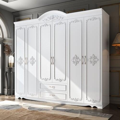 European-Style Wardrobe Modern Simple White Household Assembled Cabinet-Bedroom Wooden Panel Six-Door Wardrobe