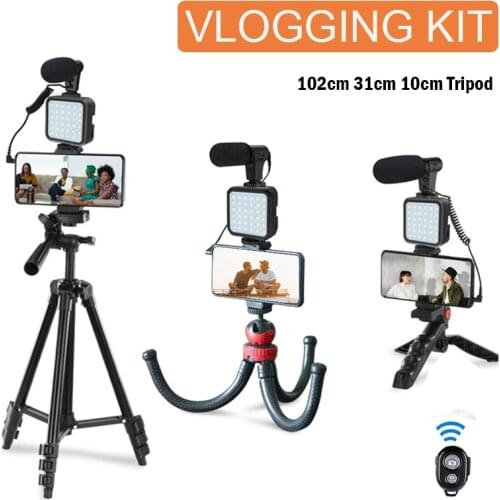 Vlogging Kit Tripod For Smartphone Camera With Microphone LED Light Wireless Remote Control Octopus Tripod Selfie Stick