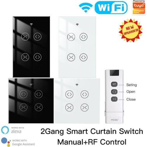 EU US Tuya WiFi Smart Double 2 Gang Curtain Roller Shutter Blind Switch Electric Motor Works with Google Home Alexa IFTTT