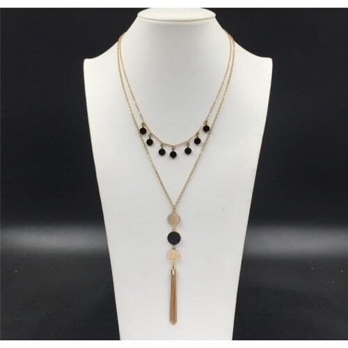 Gorgeous Gold Color Plating Black Round Disc Around Chain Tassel Layered Necklace For Women Elegant Vintage Bohemia Jewelry