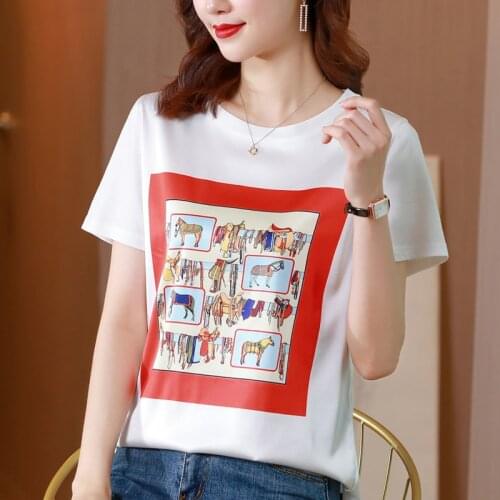 2021Summer New Short Sleeve Print Patchwork Satin Short Sleeve T-Shirt O-Neck Womens T-Shirt plus size