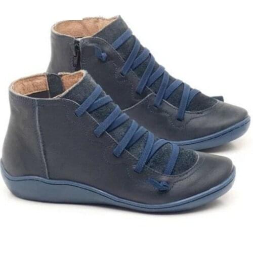 Womens PU Leather Ankle Boots Women Autumn Winter Cross Strappy Vintage Women Boots Flat Ladies Shoes Woman Botas Mujer R3-65