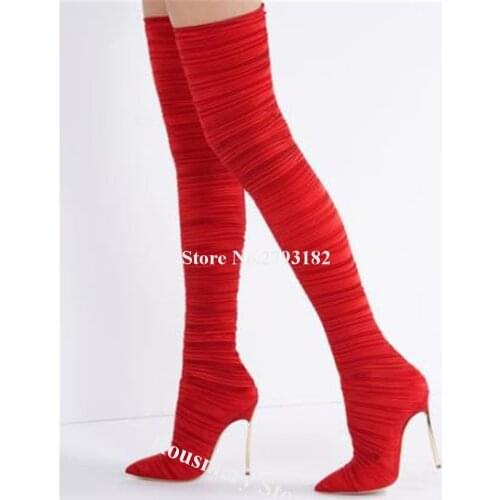 New Fashion Women Sexy Pointed Toe Pleated Velvet Over Knee Metal Blade Heel Boots Red Black Beige Bandage Thigh High Heel Boots