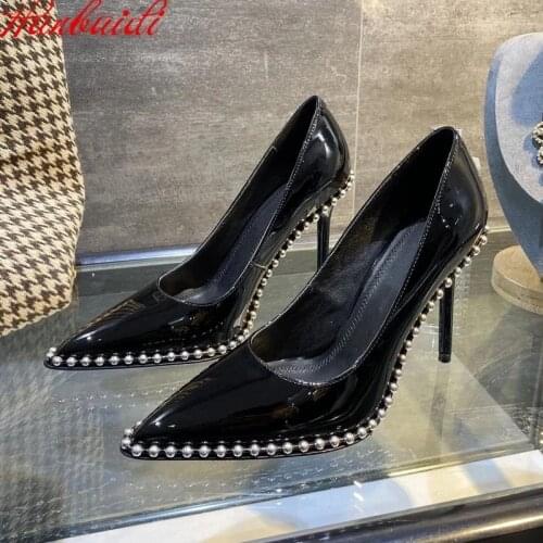 Luxury Design Rivets Women Pumps Fashion Genuine Leather Slip On Women Stilettos High Heels Shoes Runway Party Dress Shoes Women