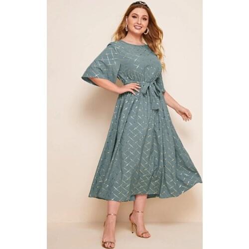 Womens Summer Dress 2021 Plus Size 5XL Checkered Pattern Round Neck Short Sleeve High Waist Elegant A Line Skirt Bandage Blue