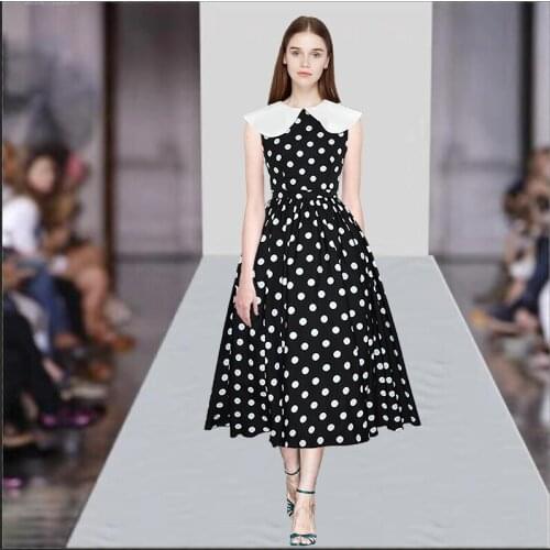 Fashion Runway Show Women Dot Printed Dress Peter Pan Collar Summer Retro Good Quality Lady Elegant Long Dresses