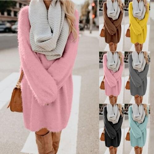 2021 Winter Solid Dress Women O neck Long Sleeve Plush Sweater Dress Party Apricot Black Pink Bodycon Bandage Dress For Female