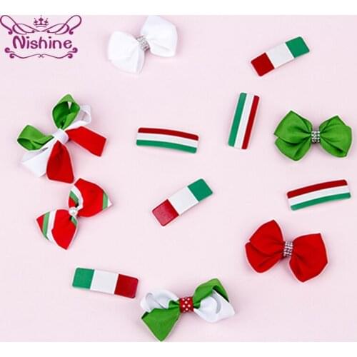 Nishine 2pcs/set Christmas Baby Hairpin Grosgrain Ribbon Bowknot Infant Barrette Colorful Striped BB Clips Kids Hair Accessories