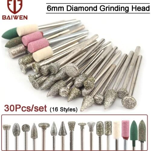 30pcs Diamond Coated Cutting Burr Bit Diameter 6mm Chainsaw Sharpener Jade File Carving Grinding Tools for Dremel 3MM Shank