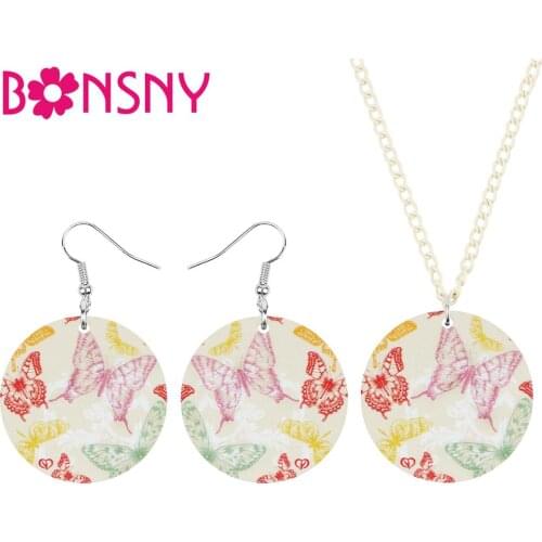 Bonsny Acrylic Round Colorful Butterfly Dragonfly Jewelry Sets Animal Insect Earrings Necklace For Women Teens Party Gift Charms