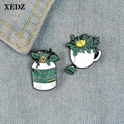 XEDZ plant pot enamel pin freshness green letter glass jar yellow flower label environmental badge punk lapel brooch jewelry