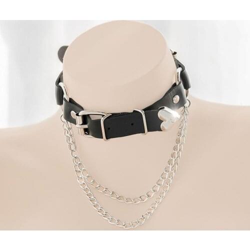 Gothic PU Leather Choker Necklace for Women Love Heart Punk Rock Adjustable Black Collar Choker Cosplay Harness Pink White