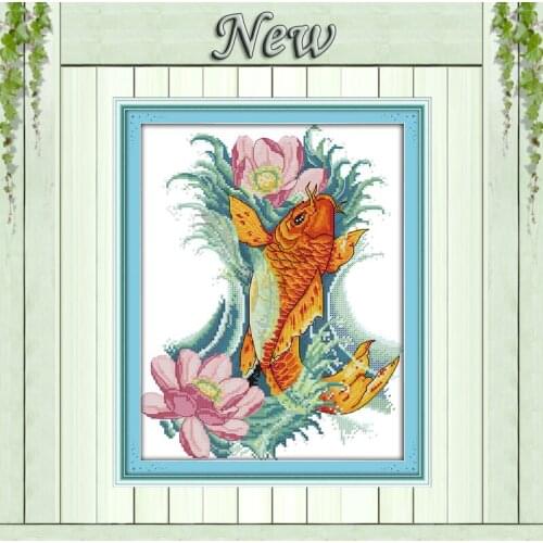 Carp and flowers animal painting counted printed on canvas DMC 14CT 11CT DMC Cross Stitch chinese Embroidery kits Needlework Set