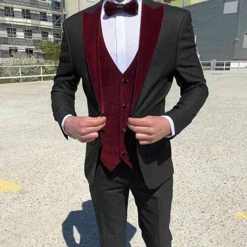 Mens burgundy velvet stitching lapel suit velvet vest three-piece hardcover groom tuxedo suit jacket wedding jacket (jacket + p