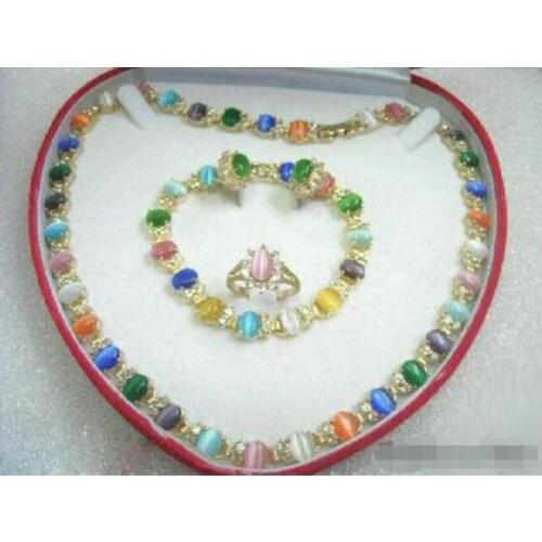 Jewelry Pearl Set Multicolor Green Pink Purple Opal 18KGP Crystal Necklace Bracelet Ring Earrings