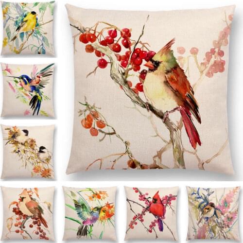 Watercolor Birds Series Cushion Cover Goldfinch Chickadee Cardinal Kingfisher Prints Pillow Case