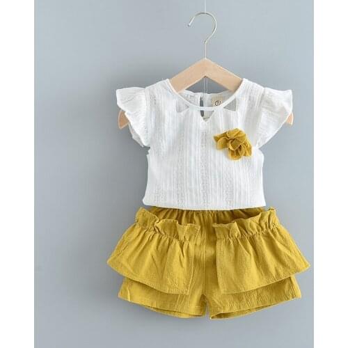 2021 New Summer Girls Clothes Set Baby Flare Sleeve Children Clothing White Tops+Shorts 2pcs Girl Suit Set Kids Clothes 2 6T