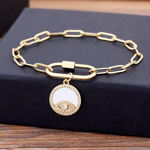 New Design Fashion Copper Zircon Lucky Evil Eye Bracelet Pendant CZ Gold Color Link Wristband Jewelry Fow Women Men Party Gift