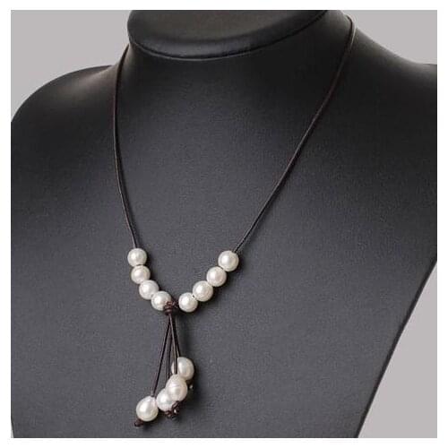 Leather And Pearl Necklace Jewelry,White Color Real Pearl Round And Rice Shaper Freshwater Pearl Necklace,Handmade Jewelry