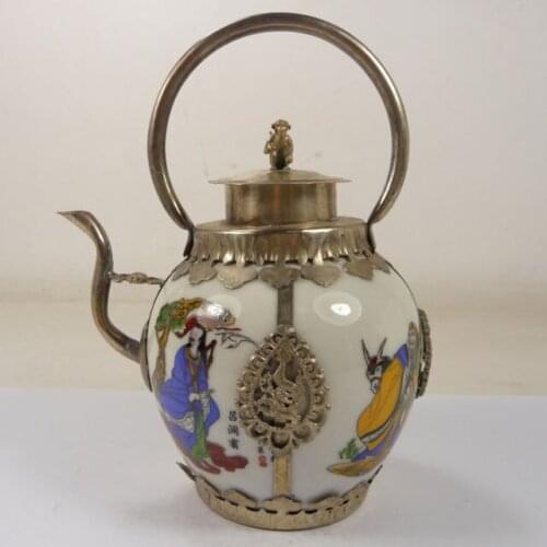 Elaborate Chinese classical porcelain inlaid with copper dragon monkey teapot,painted with immortal people