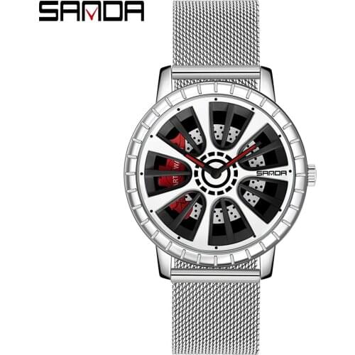 Sanda Mens Watches 2020 Modern Wheel Watch Sport Car Dial Mlitary Wristwatch Waterproof Steel Mesh Belt For Male Quartz Clock