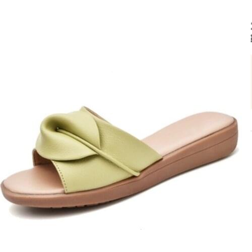 Womens Cheap Bow Genuine Real Leather Maximum Size EU40 Low Heels Sandalias Casual Summer Beach Shoes Flip Flops Slipper Green