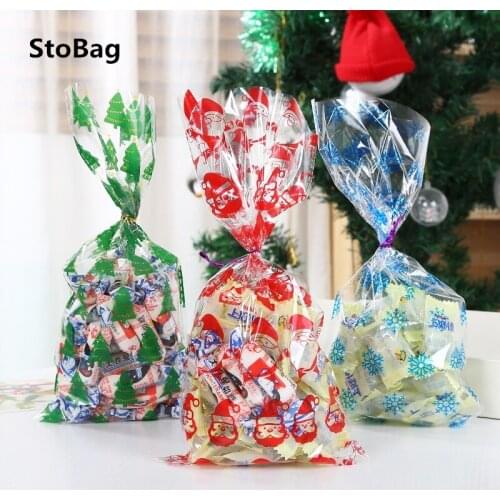 StoBag 50pcs New Year Christmas Candy Packaging Bags Event & Party Celebrate Handmade Gift Supplies Top Open Bag With Gold Wires