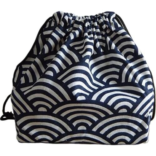 Picnic Cotton Linen Drawstring Students Japanese Style Printed Portable Bento Lunch Bag Storage Pouch