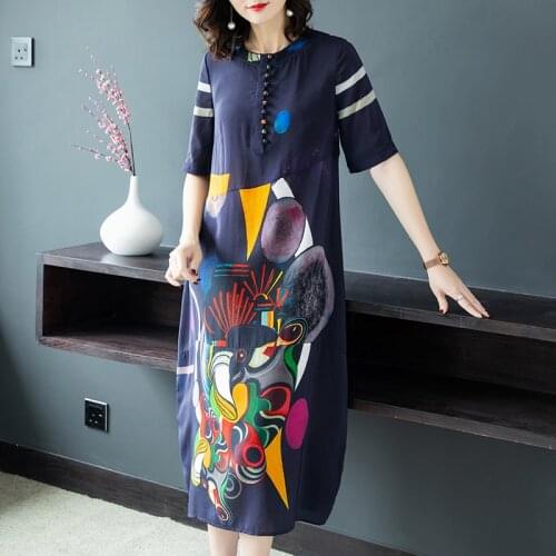 Plus size loose silk dress lengthened 2020 new summer middle-aged mother high-end printed banquet dress
