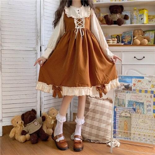 Japanese Kawaii Sweet Soft Girl Bow Cute Ruffles Brown Stripe Full Sleeve Dress Summer New Lolita Splicing Cosplay Loli Dresses