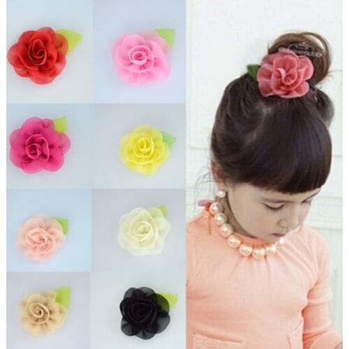 10pcs/lot Sweet Solid Chiffon Fabric Flower Hair Clips Girls Headdress Hair Accessories Children Fashionable Hairbows Barrettes