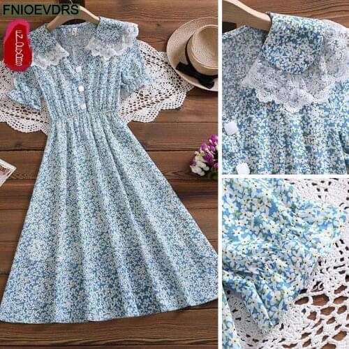 Women Casual Lady Chic Cute Korean Style Vintage Floral Printed Chiffon Party Date Bow Midi Summer Dress Vestido