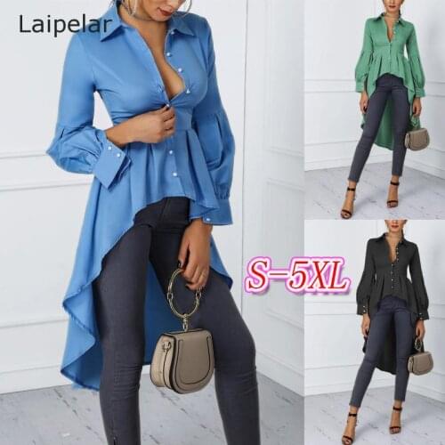 Womens Casual Shirt Large Size Pure Color Irregular Cardigan Shirt Fashion Office Elegant Workwear Long Hem Top Plus Size S-5XL