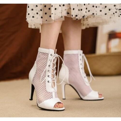 Sianie Tianie 2021 New Peep Toe Summer Boots Mesh Net Sexy Ladies Pumps White Black Lace-up Womens Gladiators High Heels Sandals