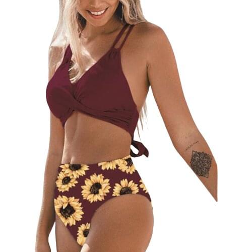 Two Piece Floral Print Swimwear Women Fashion Swimming Suits Summer Sexy Backless Solid Color Tops High Waist Bottoms Sets