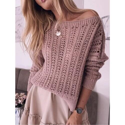 Sexy O Neck Knitted Women Loose Sweater Warm Daily Casual Pure Color Elegant Blouse Hollow Strapless Long Sleeves Pullover