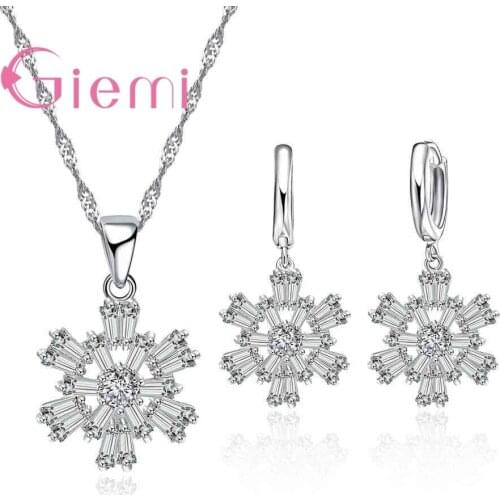 Snowflake Design Crystal Women Wedding Engagement Jewelry Sets 925 Sterling Silver Necklace Pendant Hoop Earring Accessory