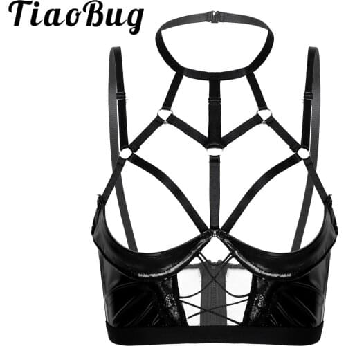 Womens Erotic Lingerie Hot Bra Halter Neck Hollow Out Strappy Patent Leather Bra Tops Back Zipper Underwire Unlined Brassiere