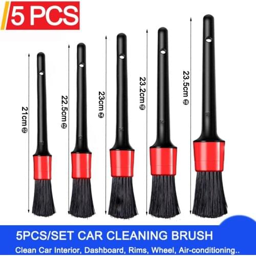 LUDUO 5Pcs Car Cleaning Brush Natural Boar Hair Handle Car Detailing Brushes Set Dashboard Rims Wheels Beauty Car Refurbish Tool
