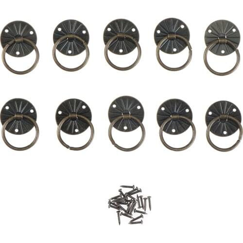 Antique Brass Decorative Mini Jewelry Chest Box Furniture Handle Cabinet Dresser Drawer Pull Knob Ring w/Screw Door Handle 10pcs