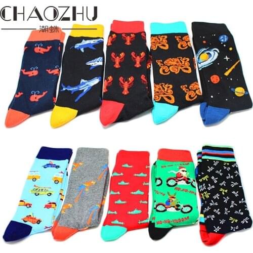 CHAOZHU mens winter autumn socks funny cartoon icons fish/fox/rose colorful creative multi patterns fashion long socks men