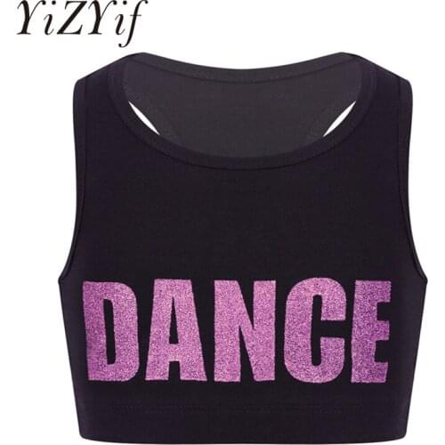 YiZYiF Kids Girls Ballet Bra Tops Dance Costumes Sleeveless Racer Back Shiny Letters DANCE Printed Crop Top Sports Bra for Dance